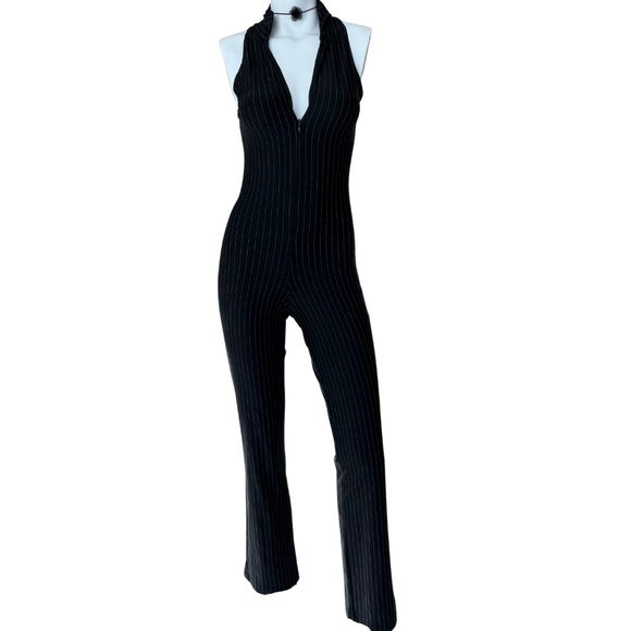 Moda Int’l Y2K Pinstripe Black Halter Jumpsuit Zip Front (Small/Medium) - Picture 3 of 9